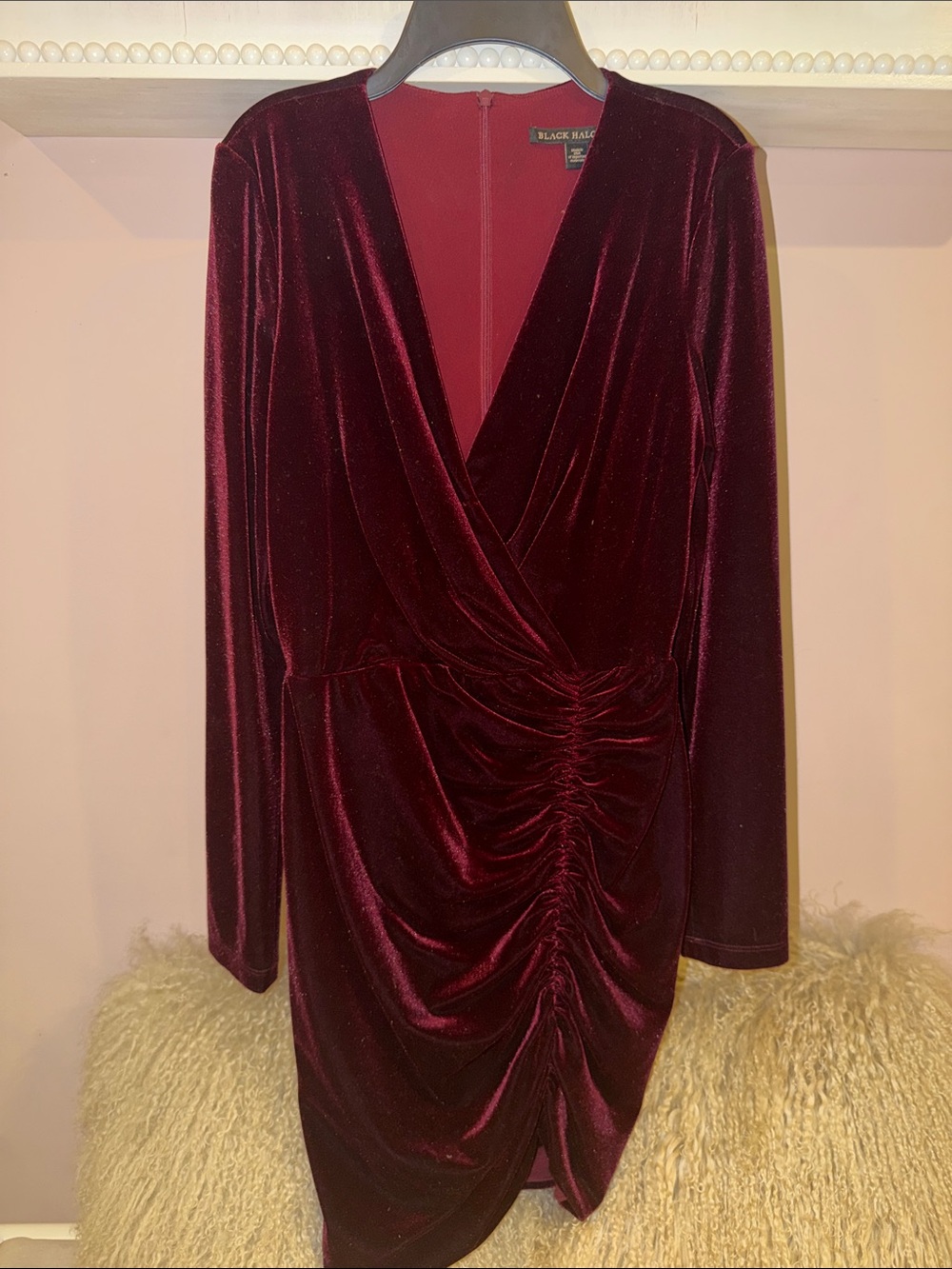 Black Halo Burgundy Velvet Ruched Wrap Long Sleeve Dress